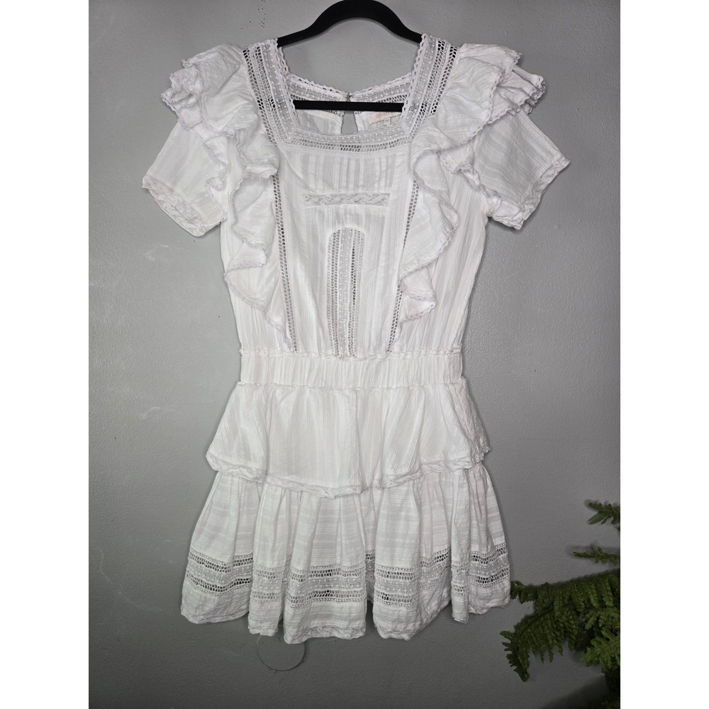 Olivaceous White Lace Ruffle Mini Dress Medium Cottagecore Boho Babydoll - Picture 2 of 10